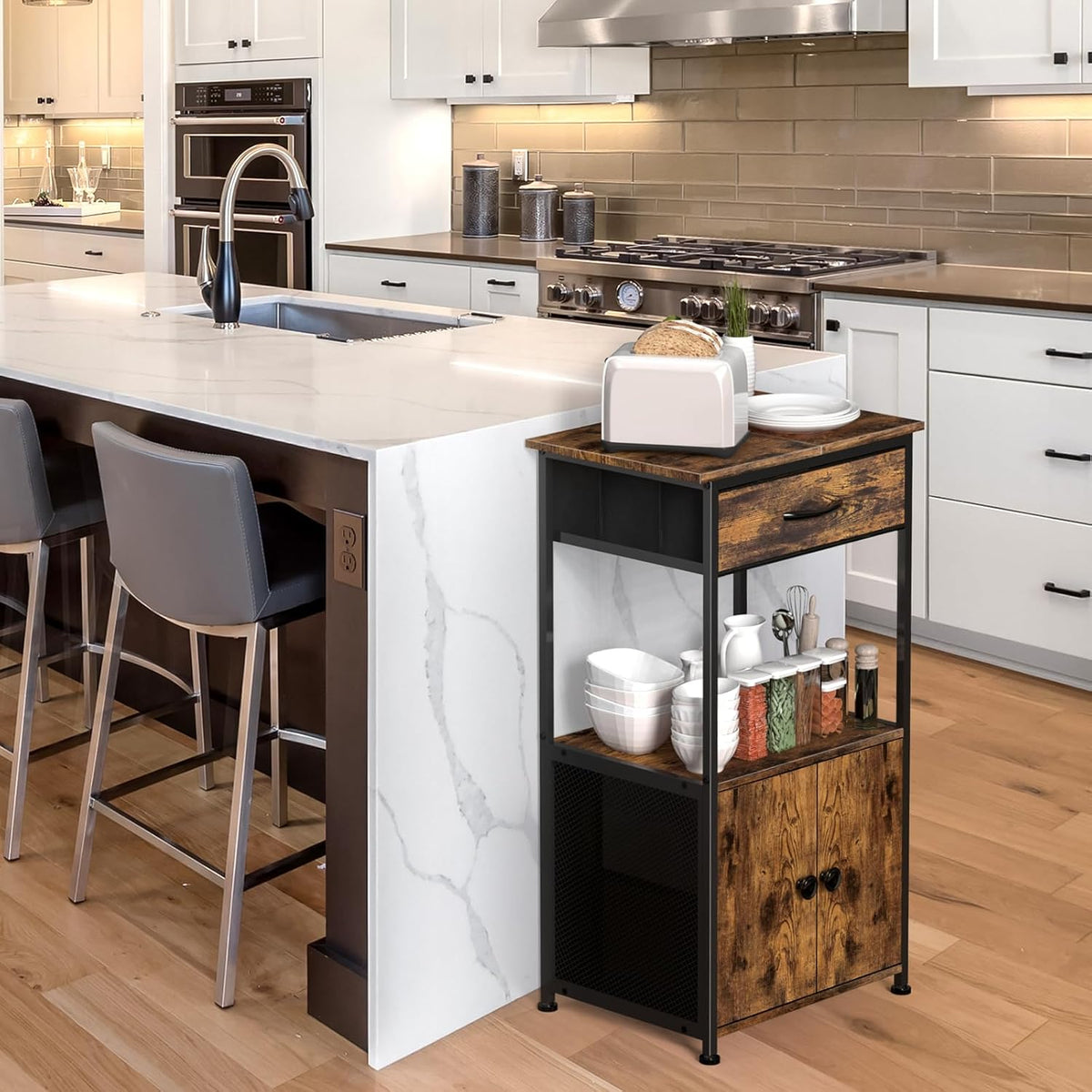 4-Tier Small Coffee Bar with Storage,Kitchen Stand, Farmhouse-Style Coffee Bar with Storage Featuring 2-Door Cabinet for Living Room,Kitchen (Rustic Brown)