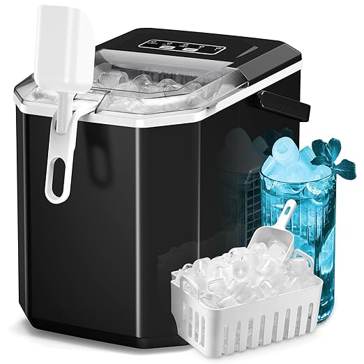 ZAFRO Countertop Ice Maker, 26Lbs/24H, 9 Bullet Cubes in 6 Mins, Self-Cleaning Portable Ice Machine with 2 Ice Sizes (S/L), Quiet Compact Design, Double Handles, for Home, Party, RV, Camping, Black