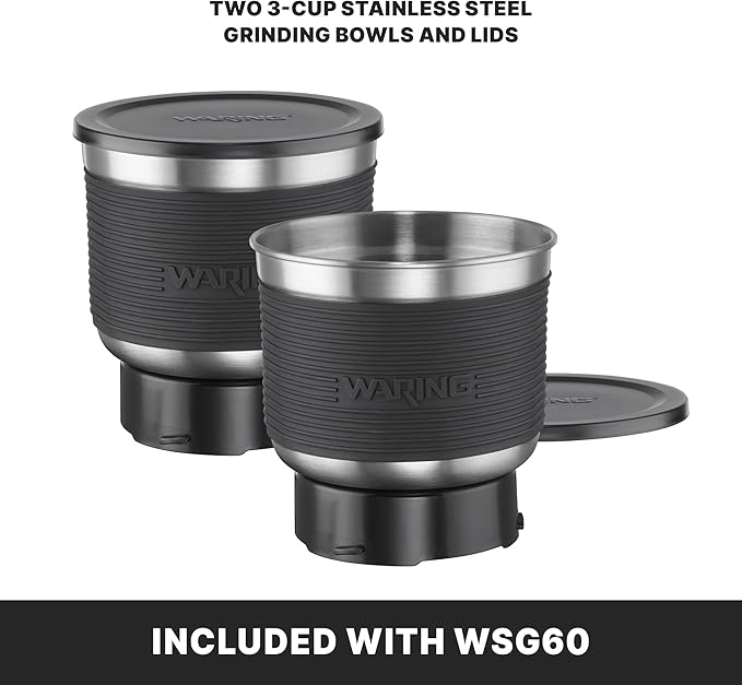Waring Commercial WSG60 3 Cup Spice Grinder, 1 HP Motor, 20,000 RPM's, Pulse Actuation, Includes 2 stainless steel grinding-bowls-120V, 175W, 5-15 Phase Plug, 0.9 cu. ft.