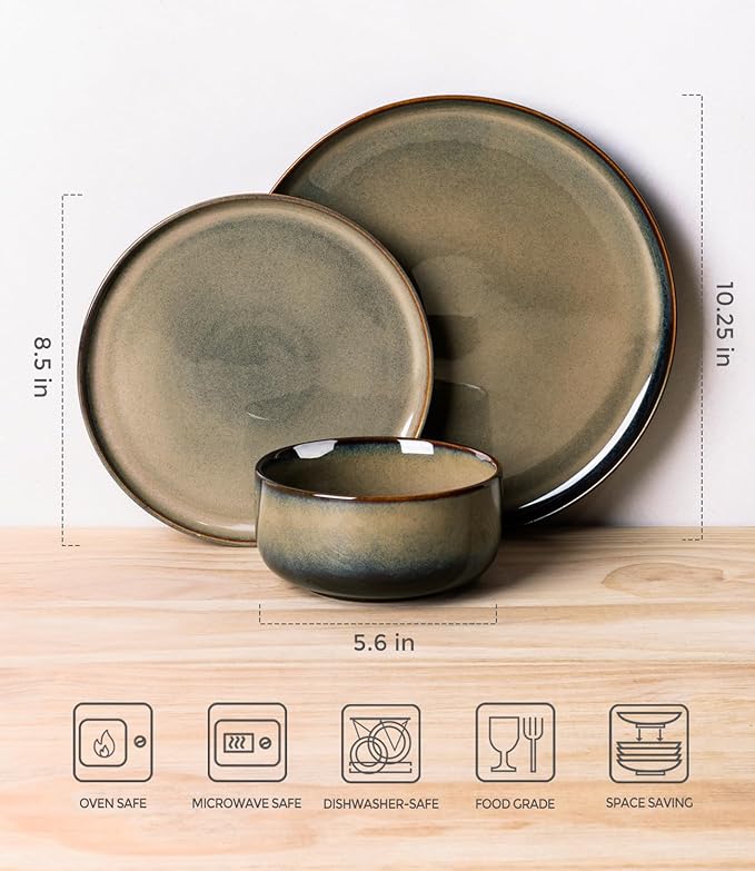 TheTerra Ceramic Dinnerware Sets for 6, 18 Pieces Handmade Reactive Glaze Plates and Bowls Set, Scratch Resistant Dish Set, Oven & Microwave & Dishwasher Safe, Coca Mocha