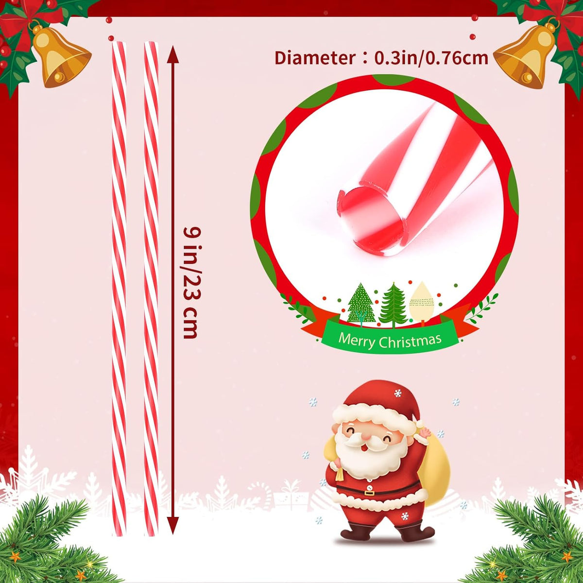 JANYUN 30 Pcs Christmas Straws Plastic, Reusable Red and White Striped Straws 9 Inch Xmas Hard Plastic Drinking Straws with Cleaning Brush for Holiday Christmas Party Favors Supplies Table Decoration
