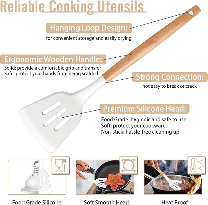 P&P CHEF Cooking Utensils Set, 6 PCS Kitchen Utensils with Wooden Handle, Silicone Spatula for Nonstick Cookware, Easy Clean & Non-toxic, White