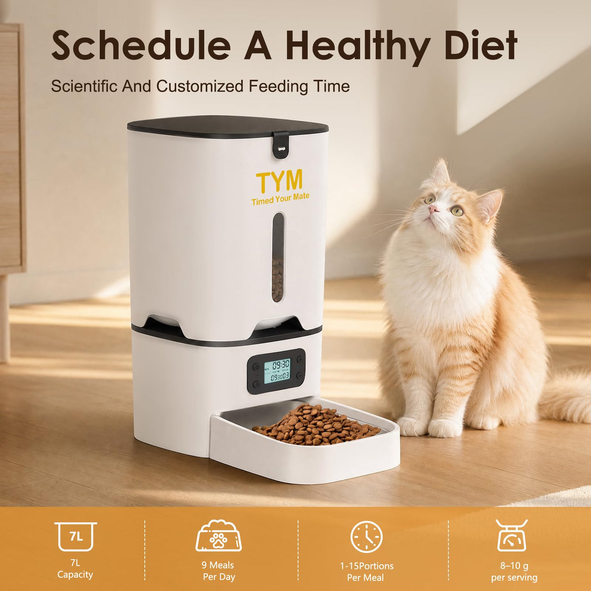 Automatic Cat Feeder 7L, 9 Meals/Day Food Dispenser for Cats Small Dog Pet