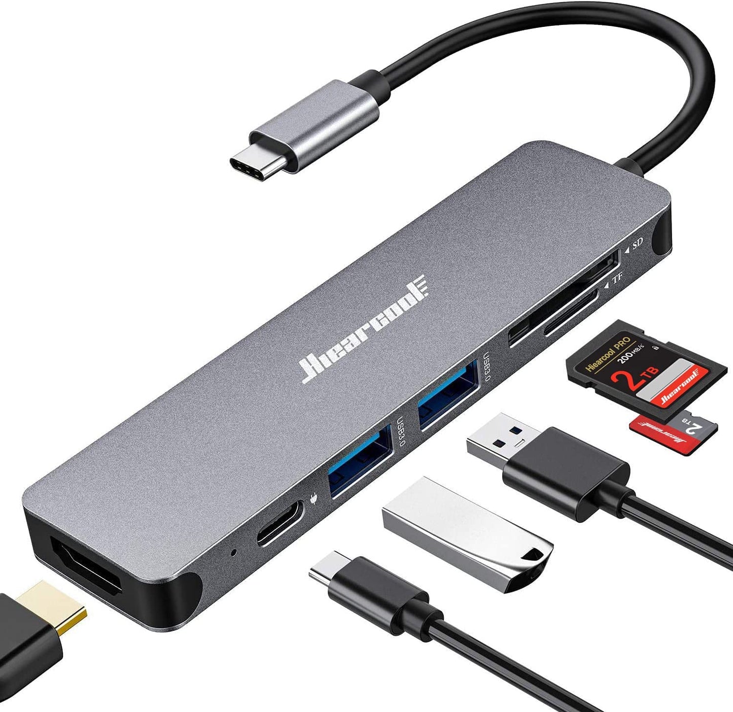 Hiearcool 7-in-1 USB C Hub, USB C Dongle Compatible for MacBook, Space Gray