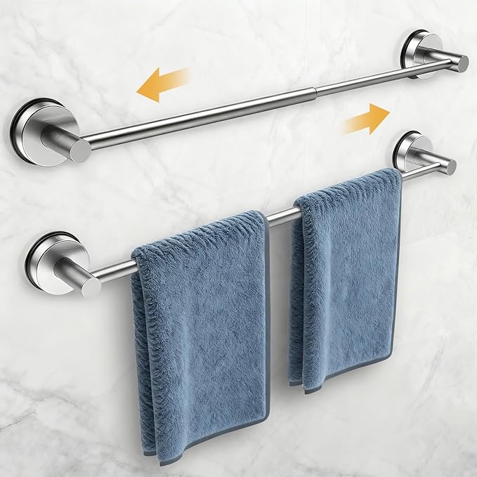 14.6inch~24inch Towel Racks for Bathroom,Adjustable Suction Cup Towel Bar for Bathroom Wall,Stainless Steel Bath Towel Holder for Shower,2 Pack(Brushed Silver)