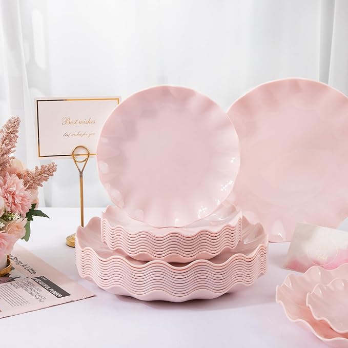 LIYH 24 Pcs Pink Plates Reusable, Pink Plastic Scalloped Plate Durable and Dishwasher Safe,Baby Shower Plate, Light Weight Daisy Plastic Wavy Plates for Wedding Party Birthday