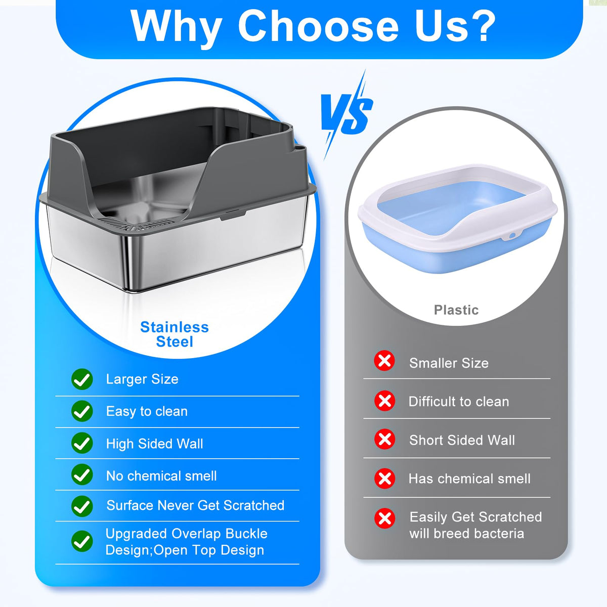 Non-Stick Stainless Steel Litter Box, XL Side Open Splash-Proof&Leak-Proof