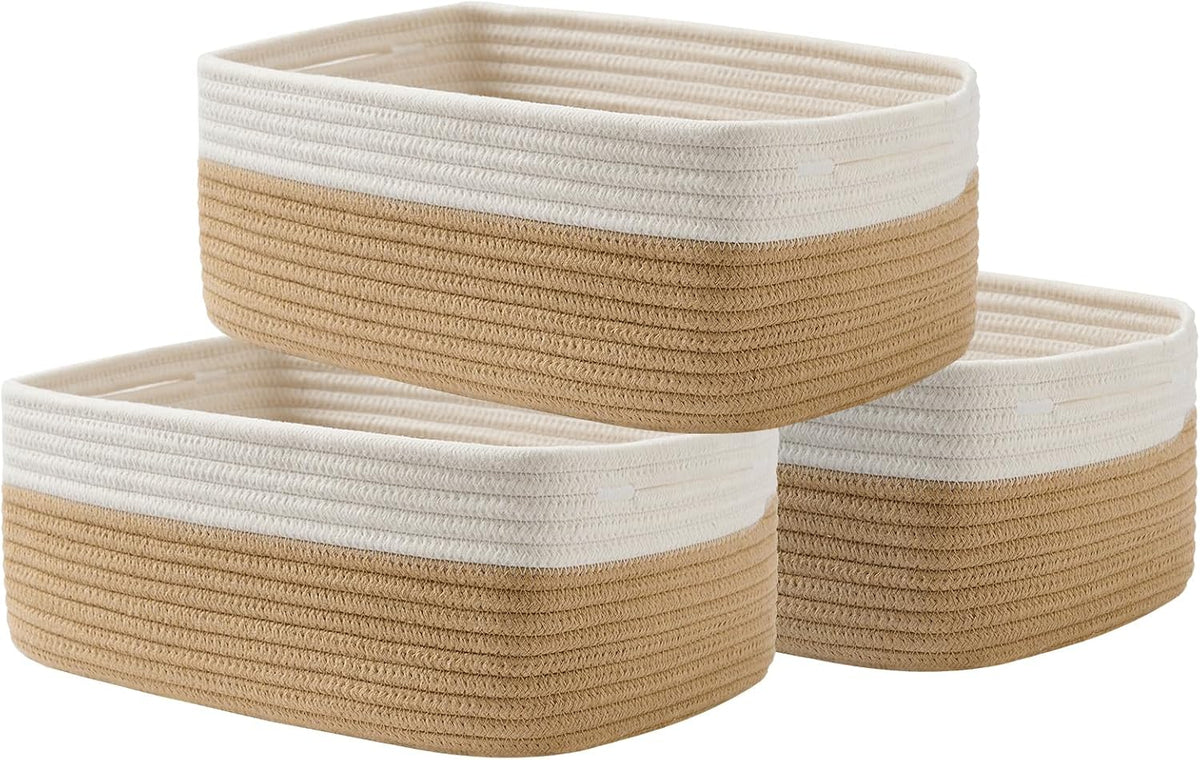 Small Woven Basket, 13.5 x 9.5 x 5 Inches, Storage Basket for Organizing, Cute Small Rope Shelf Closet Cube Storage Bins Baskets for Shelves, Dog Toy Gift Baskets Empty, 3 Pack White & Brown