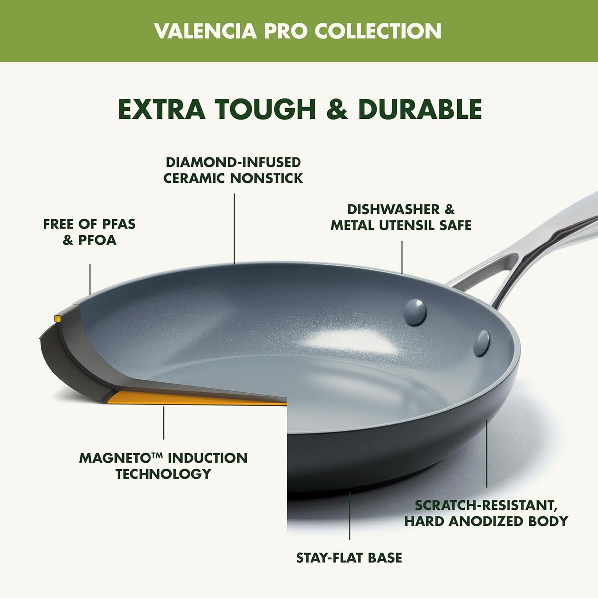 GreenPan 11" Valencia Pro Ceramic Nonstick Frying Pan Skillet, Hard Anodized PFAS-Free Cookware, Induction Ready, Compatible on All Cooktops, Dishwasher & Oven Safe, Stainless Steel Handle, Gray