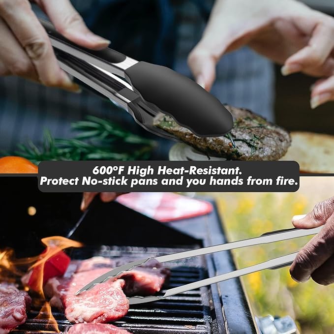 Set of 2 Cooking Tongs,600ºF High Heat-Resistant,Kitchen Utensils,Cooking Utensils for Grill,Salad,BBQ,Frying,Baking,Serving 9/12 inches