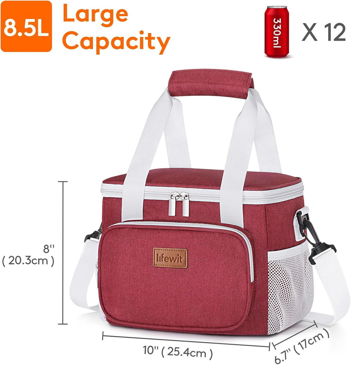 Lifewit Medium Lunch Bag Insulated Lunch Box Soft Cooler Cooling Tote for Adult Men Women, White and Red12-Can (9L)