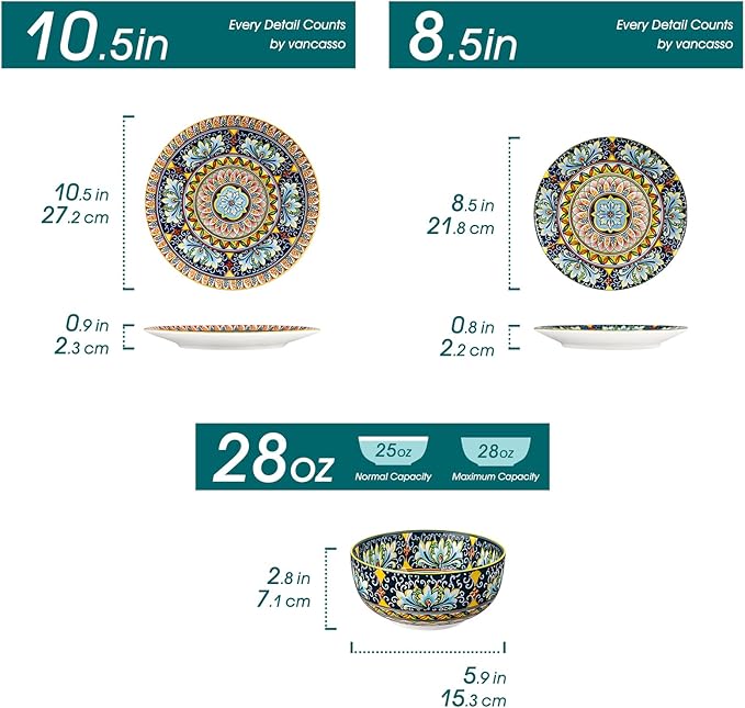 vancasso 12 Pieces Dinnerware Sets, Yellow Plates and Bowls Set, Porcelain Dishes Set for 4, Microwave and Dishwasher Safe, Scratch Resistant, Bohemian Style Dining Ware Service for 4, Series SIMI