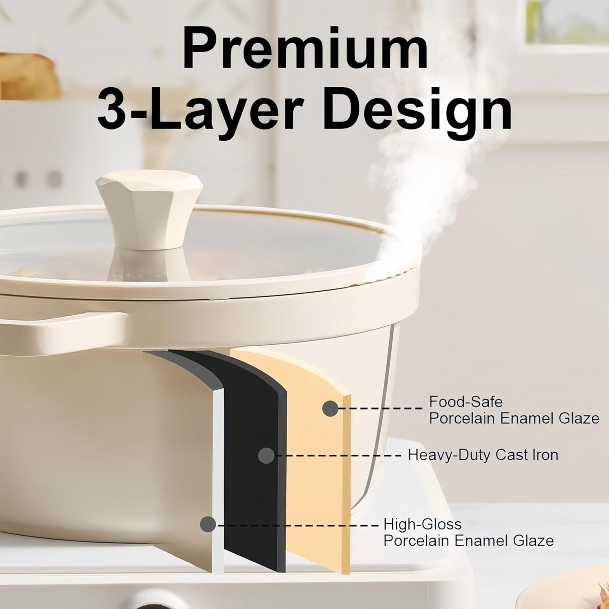 5QT Ceramic Nonstick Dutch Oven Pot with Glass Lid - Nonstick Induction StockPot with Lid Soup Ladle Spatula Healthy Cooking PFAS and PTFE Free