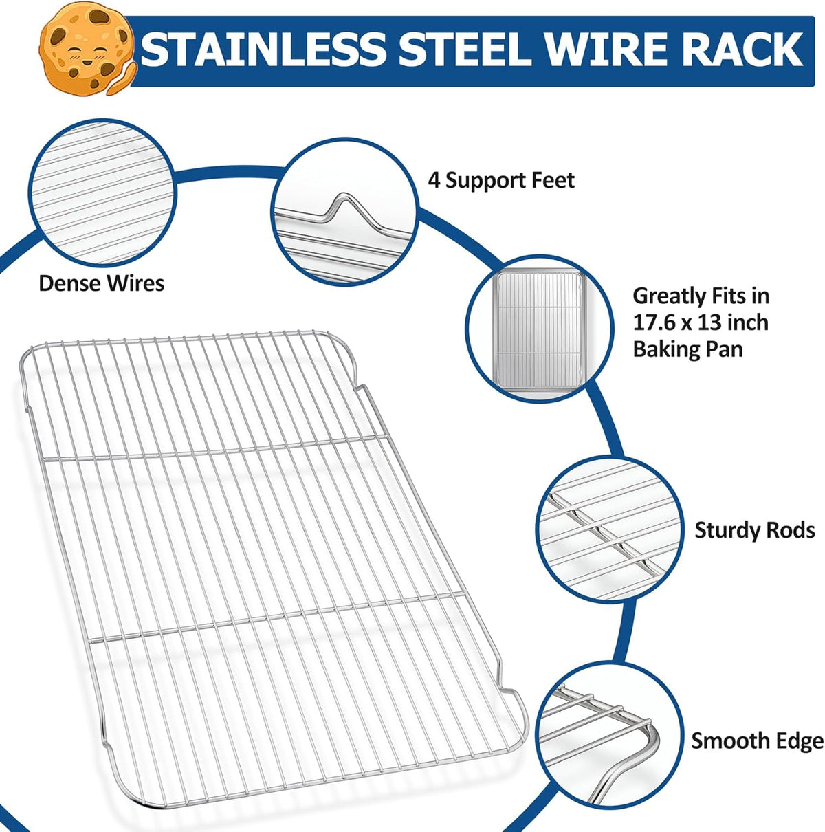 TeamFar Baking Sheet with Rack Set, Stainless Steel Baking Pan Cookie Sheet with Cooling Rack, Size 17.6 x 13 x 1inch, Non Toxic & Heavy Duty, Easy Clean & Dishwasher Safe