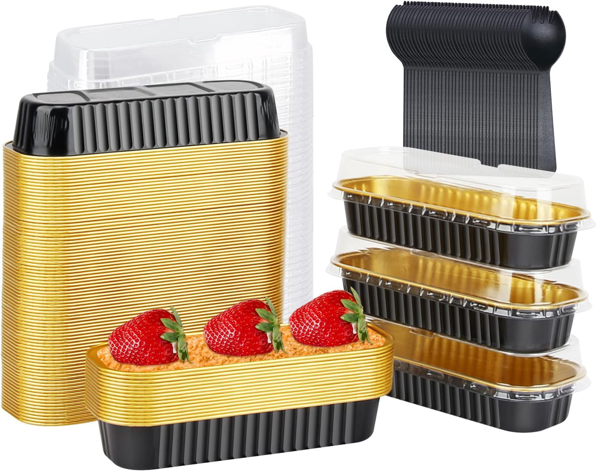 LNYZQUS Mini Loaf Pans with Lids 100 Pack, 6.8oz Aluminum Foil Mini Cake Baking Pans Cupcake Tins Containers,Disposable Ramekins Bread Baking Cups Muffin Tins Holders-Black