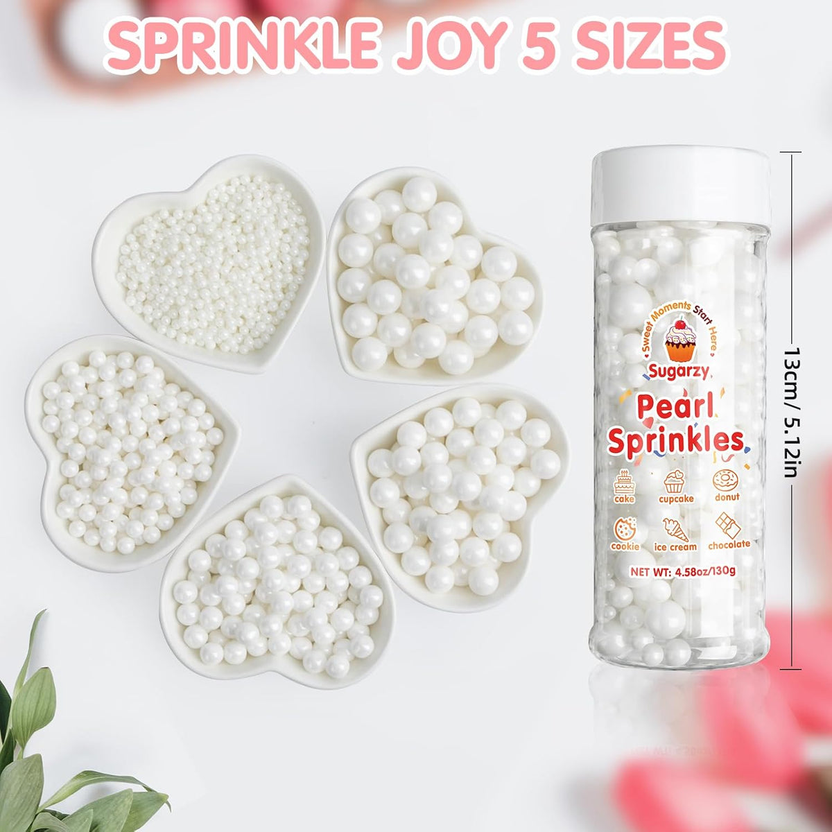 Edible White Pearl Sprinkles for Cake Decorating,Edible Pearl Sugar Mix Size 130g/4.58oz,Baking Candy Decorations,Cupcake Toppers,Cookie Donuts Ice Cream Dessert Decorating,Wedding Birthday Party Valentines Christmas Supplies