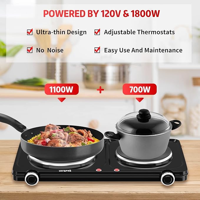 Hot Plate for Cooking, Vayepro 1800W Portable Electric Stove,Double Electric Burner for Cooking,UL listed,Cooktop for Dorm Office Home Camp, Compatible with All Cookware