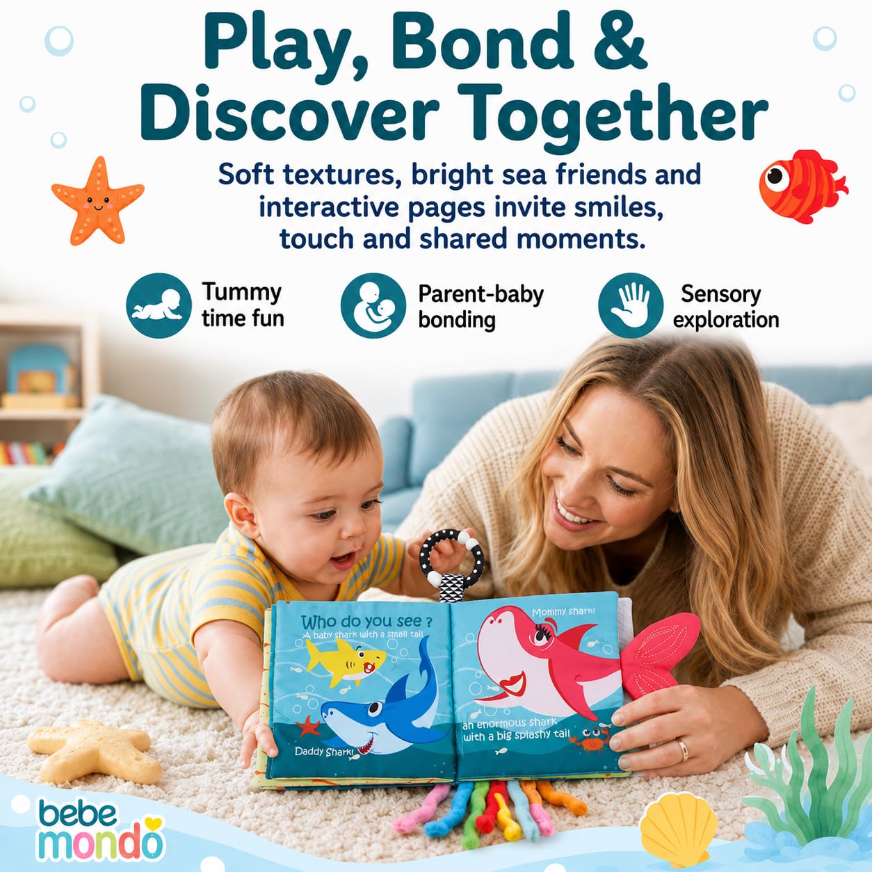 Fish Baby Books Toys, Touch Feel Cloth Crinkle Books for Babies,Baby Infant Toys 0-6, 6-12,12-18 Months,Newborn,Early Learning Education, Baby Gifts Shower for Boys Girls,Teething, Mirror,Shark Ocean