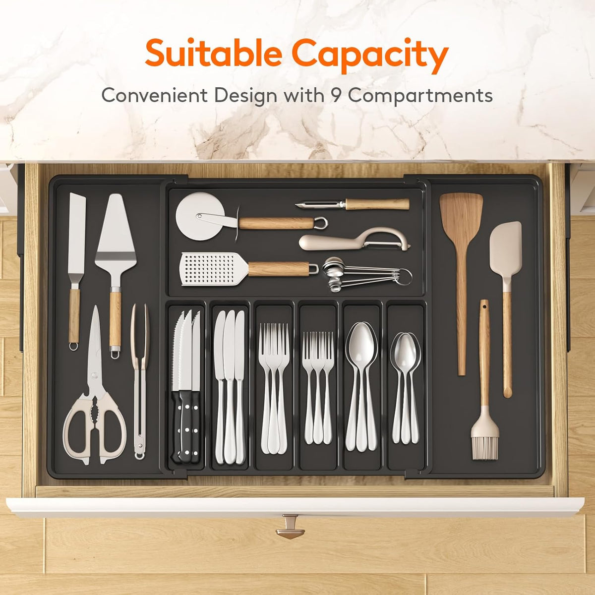 Lifewit Silverware Drawer Organizer, Expandable from 16.9 to 30 inches, Large Utensil Tray for Kitchen, Adjustable Cutlery Holder, Plastic Flatware Storage for Spoons Forks Knives, Black