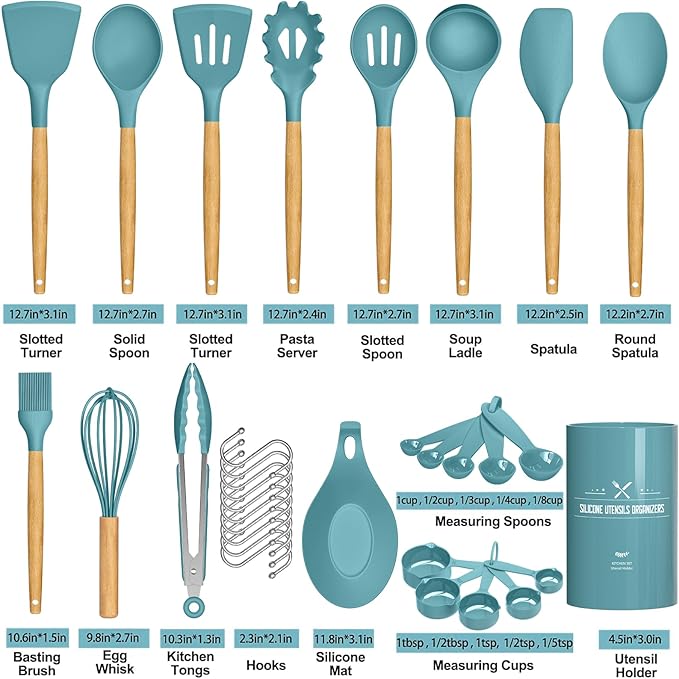 Umite Chef Kitchen Cooking Utensils Set, 33 pcs Non-stick Silicone Utensils Spatula Set with Holder, Silicone Kitchen Gadgets Utensil Set(Dark Blue)