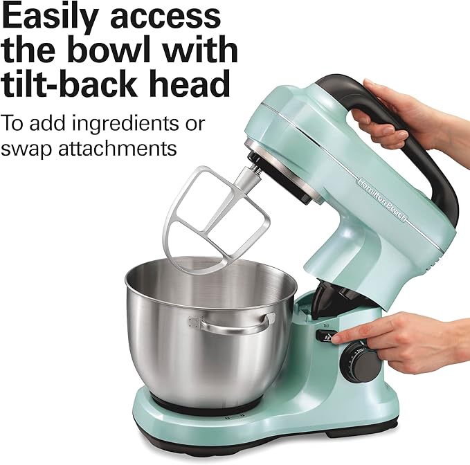 Hamilton Beach Electric Stand Mixer, 4 Quarts, Dough Hook, Flat Beater Attachments, Splash Guard, 7 Speeds with Whisk, Easy-Carry Top Handle, Aqua