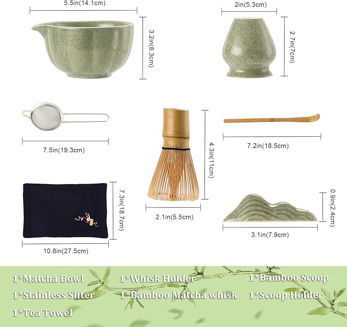 Matcha Whisk Set, 7-Pack Mottled Green Matcha Set - Include Petal Matcha Bowl with Spout, Bamboo Whisk, Chasen Holder, Sifter, Scoop, Tea Towel, Scoop Rest - Perfect Matcha Making Kit for Tea Lover