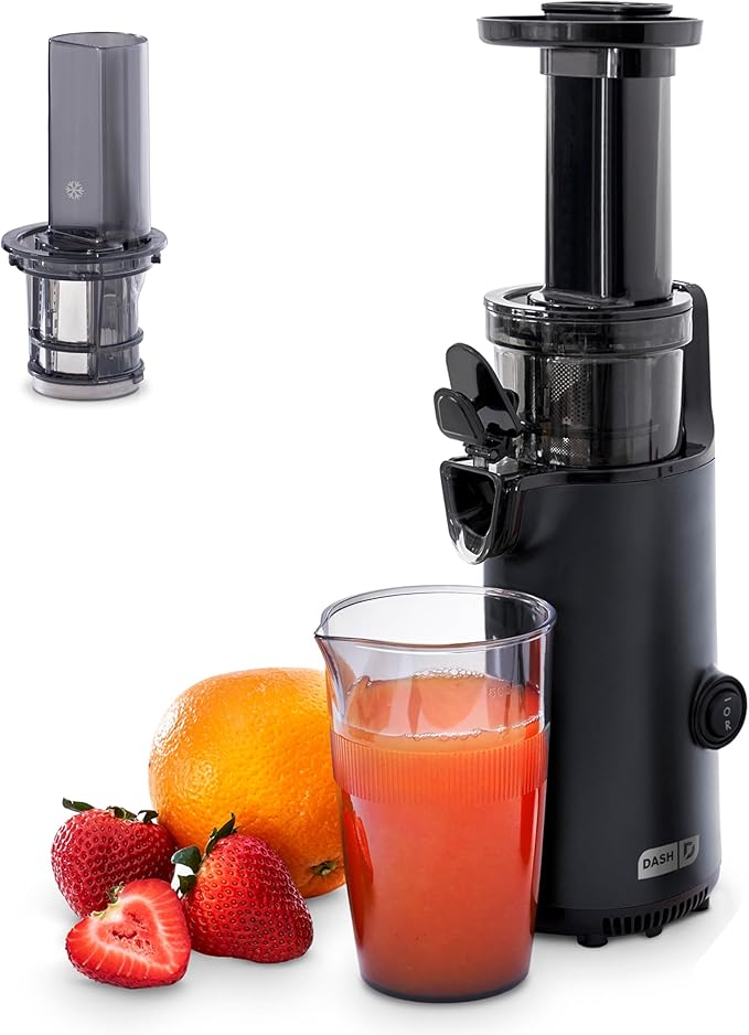 DASH Deluxe Compact Masticating Slow Juicer, Easy to Clean Cold Press Juicer with Brush, Pulp Measuring Cup, Frozen Attachment and Juice Recipe Guide - Black