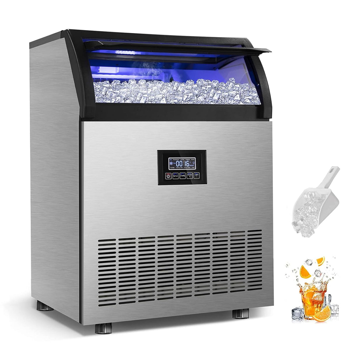 Commercial Ice Maker 250Lbs/24H Under Counter Ice Machine with 77Lbs Storage Bin, 90 Ice Cubes in 11Min, Stainless Steel Freestanding Ice Making Machine for Business, Water Filter and Scoop Included