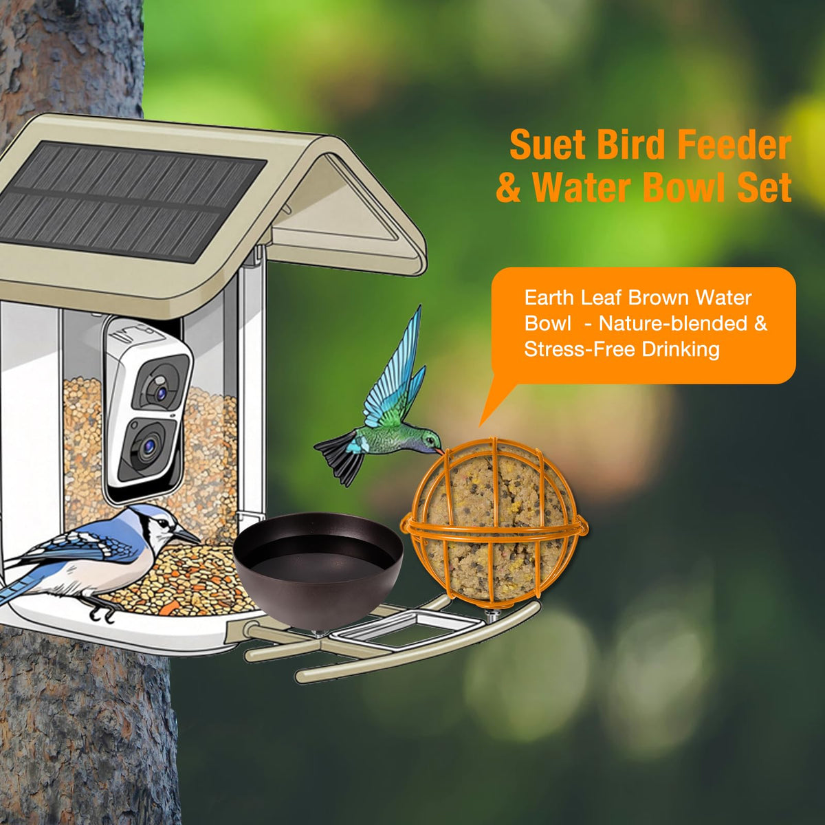 Hearthhub Metal Suet Ball Holder + Water Bowl Set for Birds - Compatible with Most Outdoor Smart Feeders - Round Suet Ball Holder for Outdoors - Bird Feeder Replacement Parts with 5mm Screw (Orange)