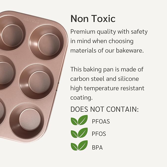 HAPPIELS Non Toxic Nonstick 6 Cup Jumbo Muffin Pan | Large Cupcake Tin for Oven | Nontoxic Muffin Tins Big Size | PFOA Free Cupcakes Tray