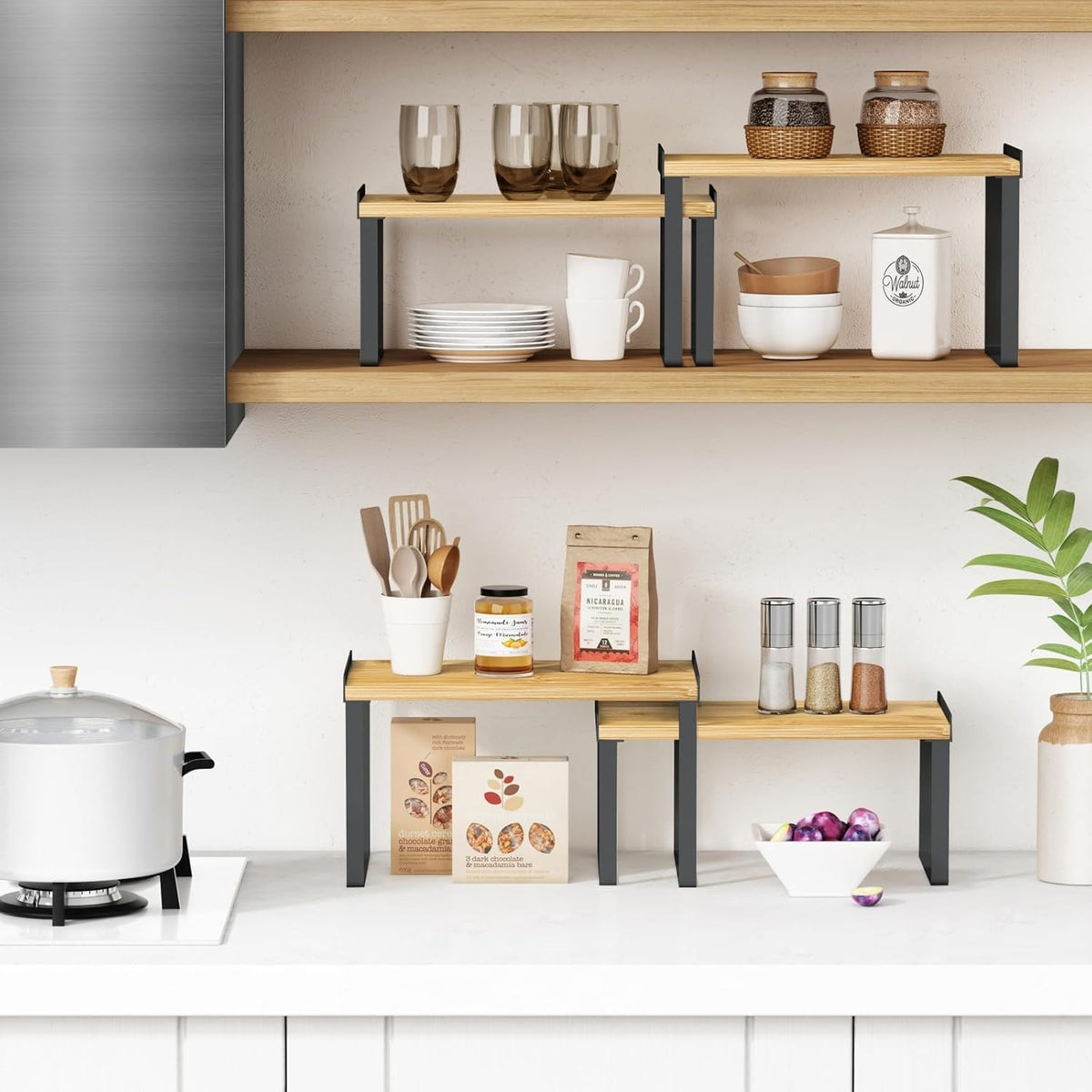 Kitchen Cabinet Organizer Shelves Set of 4, Expandable Counter Shelf Rack for Plate Dish Cup Mug Spice, Stackable Shelf Riser for Pantry Cupboard Desk Top Corner Storage (Bamboo, Black)