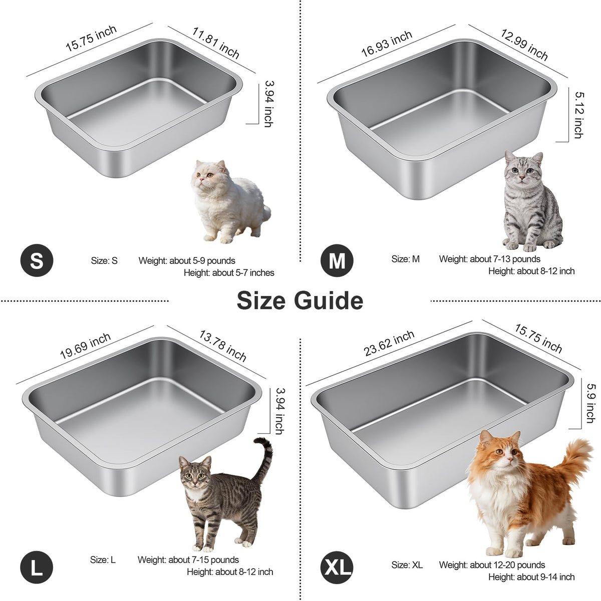 Idymere Stainless Steel High Sided Cat Litter Box