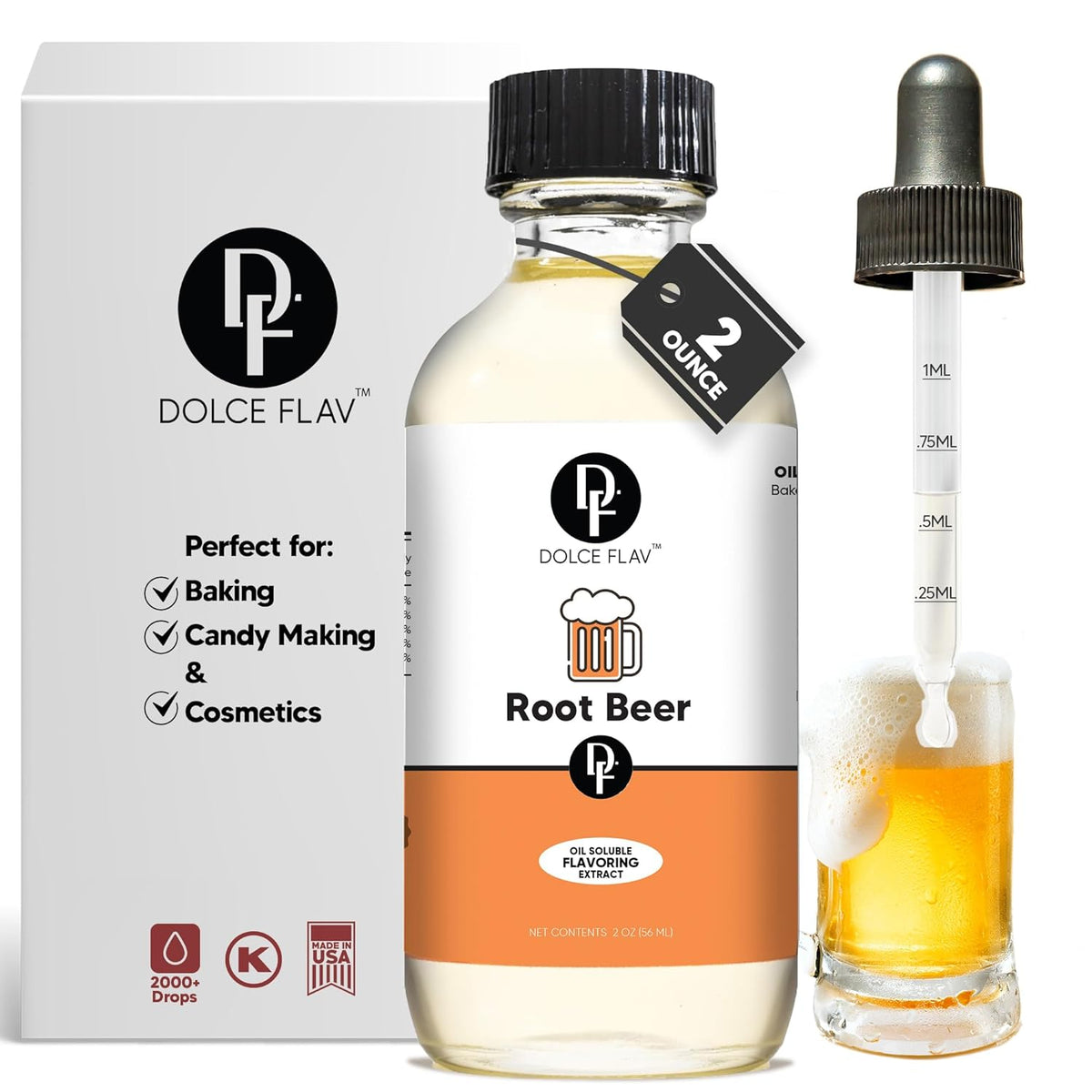 Dolce Flav Root Beer Extract – 2 Ounce Oil-Soluble Kosher, Sugar-Free, Concentrated Classic Root Beer Flavoring for Baking, Chocolates & Desserts, Includes Measured Dropper