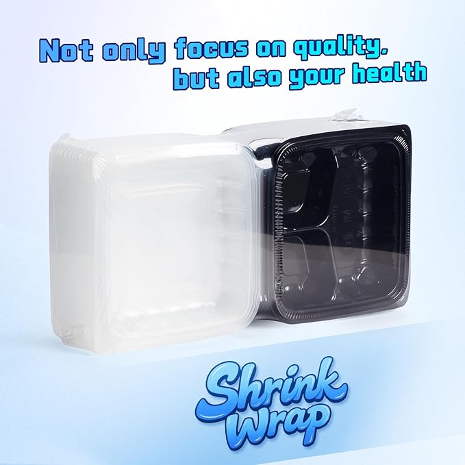 YANGRUI Plastic Containers 8" 34 oz 25 Pack - Reusable Anti Fog Crystal Lid | BPA Free PP Freezer & Microwave Safe Shrink Wrap To Go Box | Black Restaurant Hotel Grade 3 Compartment Takeout Container