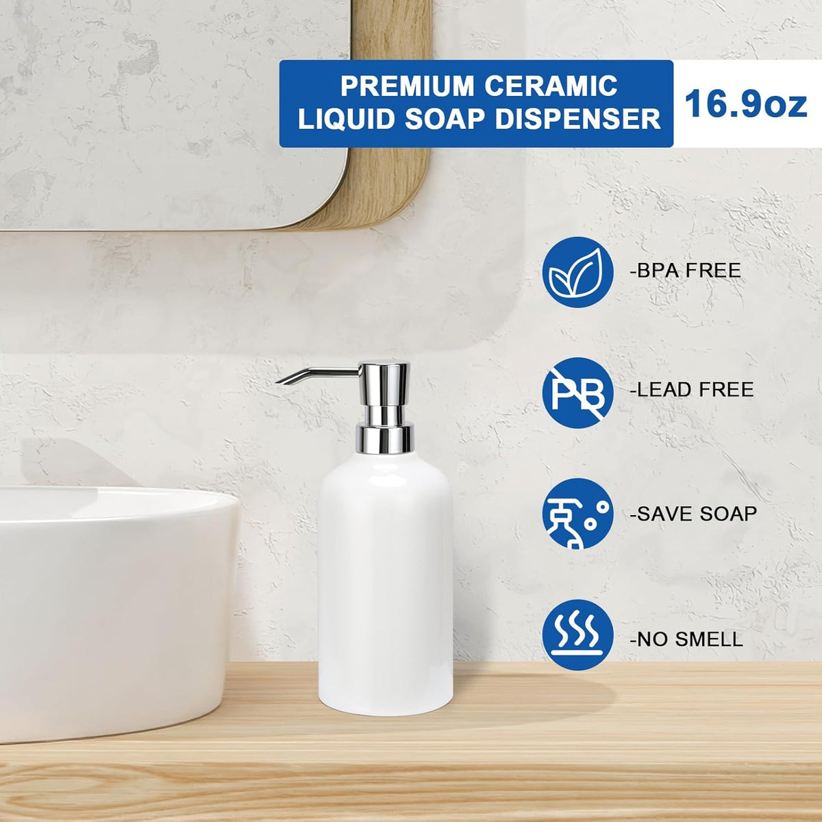 Ceramic White Soap Dispenser with Rust-Proof Plastic Pump Bathroom, 16.9oz Hand Soap Dispenser for Kitchen, Hotel