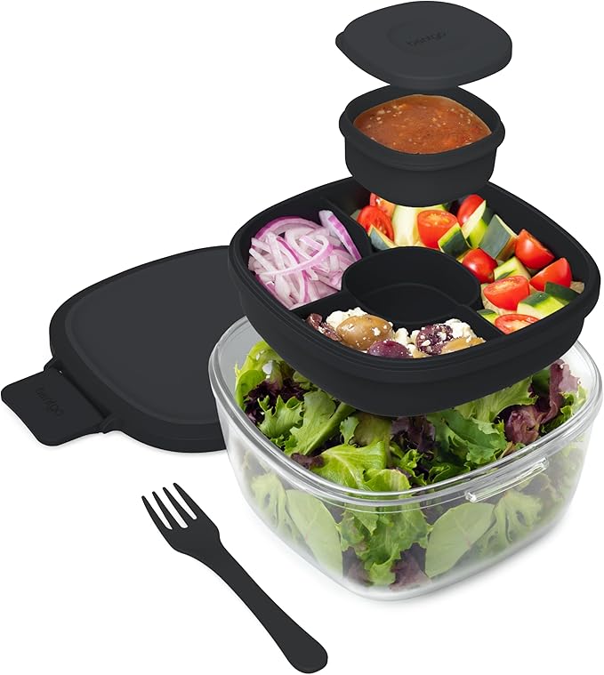 Bentgo Glass All-in-One Salad Container - Large 61-oz Salad Bowl with Lid, 4-Compartment Bento-Style Tray, 3-oz Sauce Container, and Reusable Fork - Dishwasher, Microwave, and Oven Safe (Black Onyx)