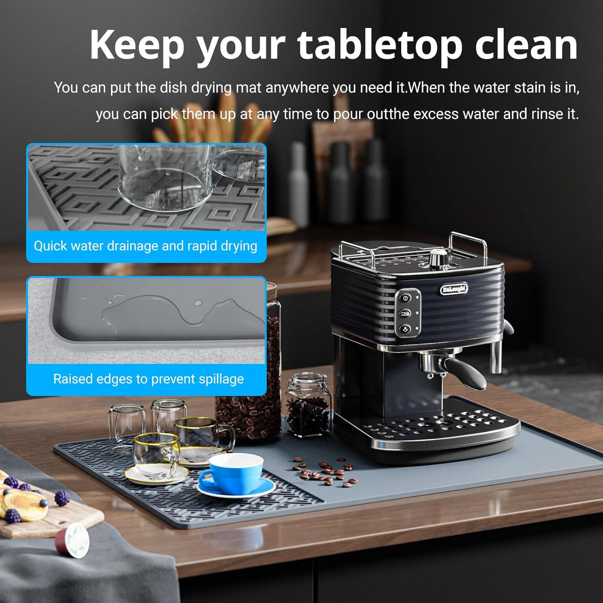 Silicone Coffee mat 24''x16'' – Non-Slip Bar Mat with Detachable Drying Layer for Espresso Machines, Countertops & Dish Racks