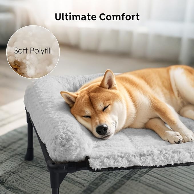 Veehoo Cooling Elevated Dog Bed Add Removable Deluxe Rose Plush Bolster Cushion Mat, 35" x 22" Washable Dog Couch Bed, Raised Pet Cot with Breathable Teslin Mesh, No-Slip Feet, Grey, CWC2439B