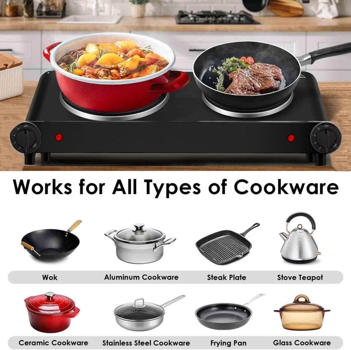 1800W Dual Infrared Burner Electric Hot Plate, High Power for Fast Cooking, 7 Inch Ceramic Glass Portable Electric Stove with Adjustable Temperature Control, Upgraded Version