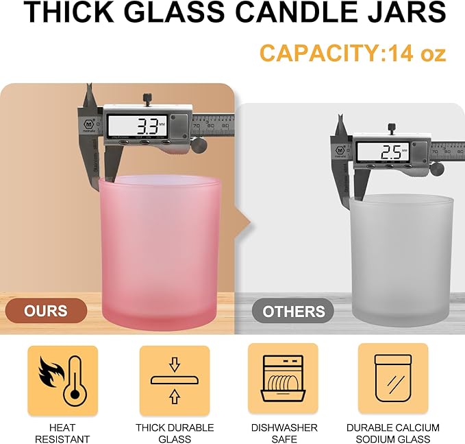 SHOWIN 14 OZ Thick Candle Jars for Making Candles 12 Pcs, 3 Wick Empty Jars with Wood Lids for Candle Making, Sample Container, Frosted Pink