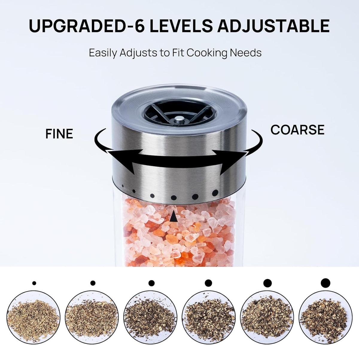 Upgraded Larger Capacity Electric Salt and Pepper Grinder Set Rechargeable with LED Light, Stainless Steel Refillable Pepper Mill Set with 6 Adjustable Coarseness for Kitchen, Outdoor, BBQ
