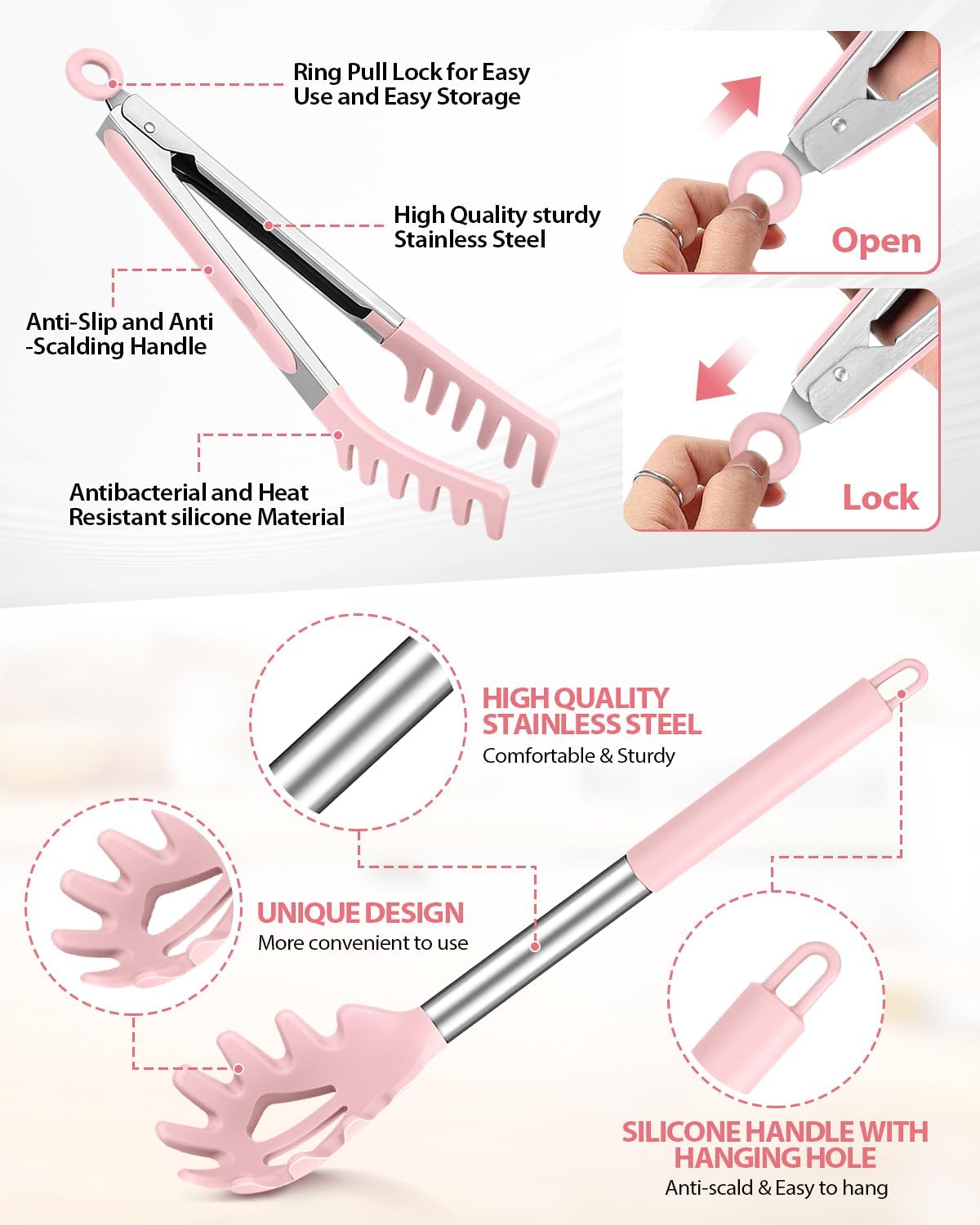 Spaghetti Spoon and Pasta Tong, Non-stick Silicone Spoon Server Fork With Teeth and Stainless Steel Handle, Food Clip for Noodles, Pink