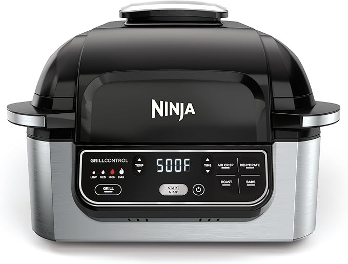 Ninja | Indoor Grill | Foodi | 5-in-1 (Grill, Air Fry, Roast, Bake, and Dehydrate | Fits up to 3lb Roast | Smoke Control System and Dishwasher Safe Parts| Black/Grey | AG301