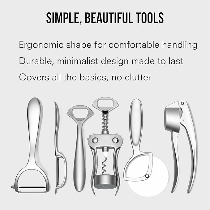 Public Goods Kitchen Tool Set | 6 Piece Kitchen Utensil Set | Includes Y-Peeler, Peeler, Bottle Opener, Wine Opener, Pizza Cutter, and Garlic Press | Plastic-Free, Dishwasher Safe Gadget Essentials