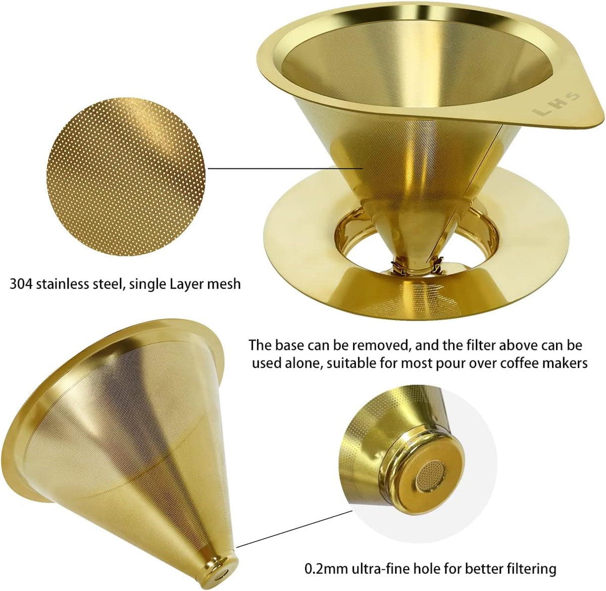 LHS Pour Over Coffee Dripper Reusable Coffee Filter Paperless Coffee Filter Stainless Steel Pour Over Coffee Maker Cone Coffee Dripper for 1-2 Cup,Gold