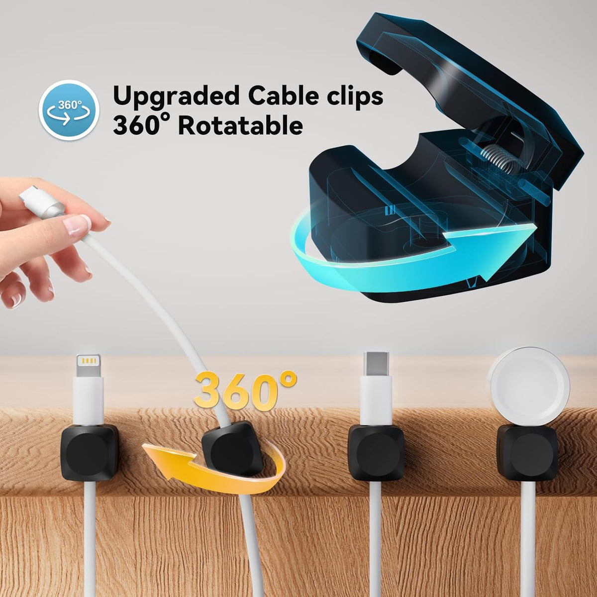 8 Pack Cord Organizer Holder, Rotatable Cable Clips, Spring Cord Holder for Nightstand Adhesive Cable Organizer, Cable Management Clips Charging Cord Organizer for Desk Office Car Wall