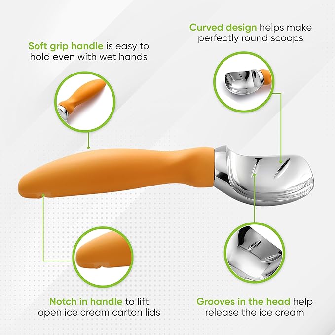 Spring Chef Metal Ice Cream Scoop with Soft Grip Handle - Heavy Duty Sturdy Ice Cream Scooper for Frozen Yogurt, Gelato, Sorbet, Sundae, Melon - Dishwasher Safe Kitchen Tool - Set of 2 - Mango