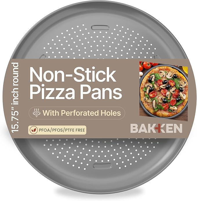 Bakken 16 Inch Non-Stick Pizza Pan 1 Pack, Round Carbon Steel Pizza Tray with Perforated Holes, PFOA, PFOS, & PTFE-Free, Dishwasher & Oven Safe Up To 450°F, Durable Nonstick Coating, Silver