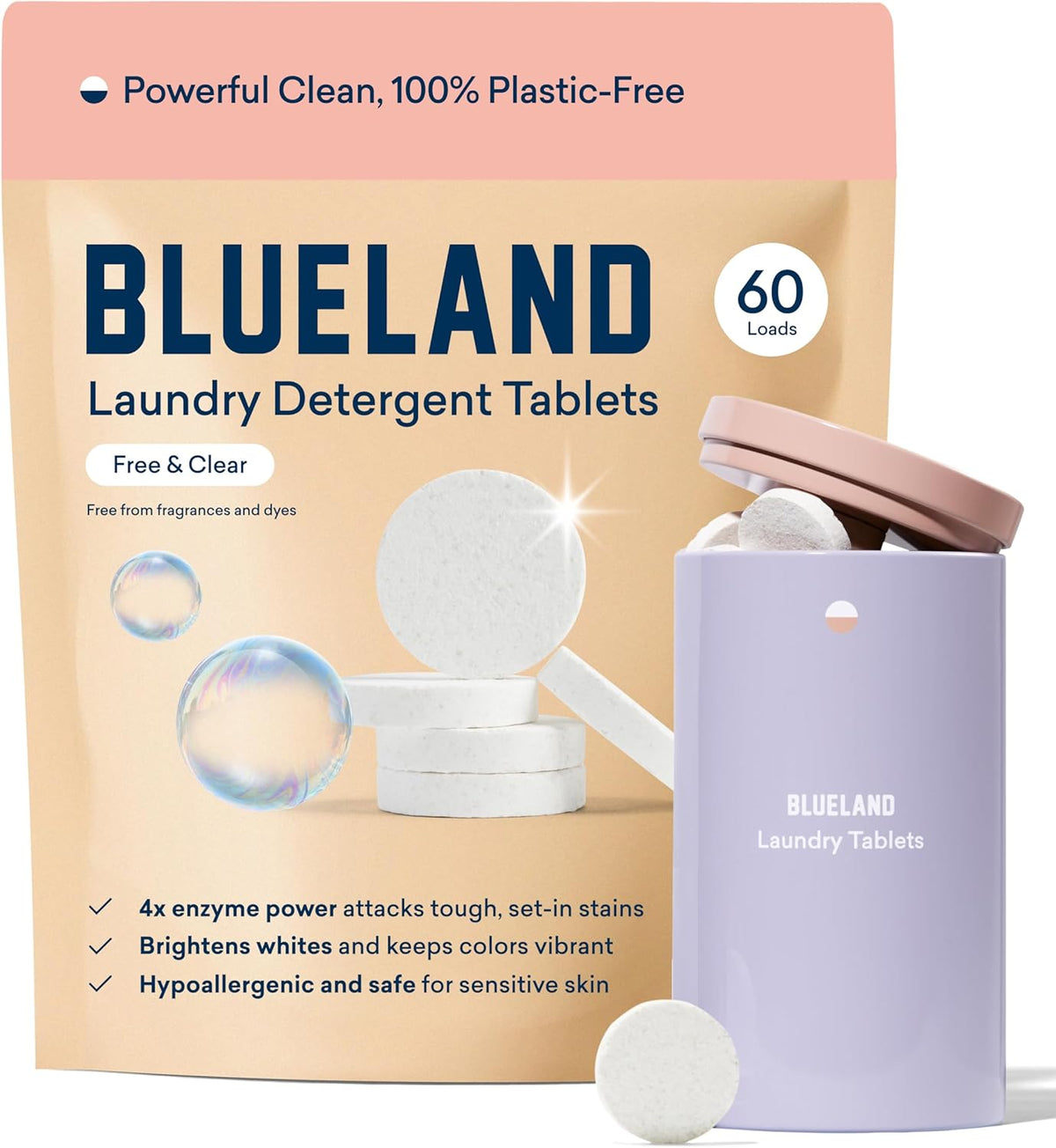 BLUELAND Laundry Detergent Tablets, Starter Set, 60 Count with Tin, Plastic-Free Eco-Friendly Pods, Sheets, Liquid Alternative - Fragrance Free and Clear, Natural, Gentle