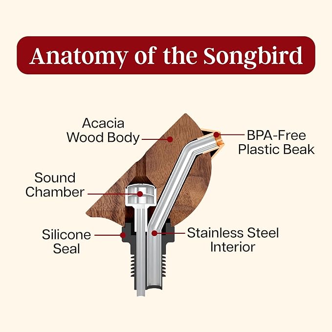 Songbird Specialties Wine Bottle Pourer, Fun Wine Pourer Spout Sings While It Pours, Airtight Wine Bottle Sealer, Acacia Wood with Red Wings
